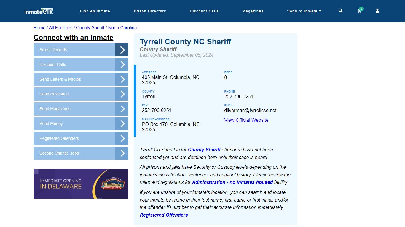 Tyrrell County NC Sheriff - Arrests Warrants - InmateAid